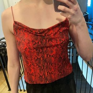 Alice and Olivia Red Snakeskin top with black lace trim